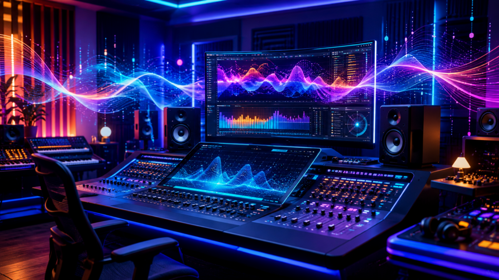 modernes farbiges Musikstudio mit abstrakten Streaming-Wellen, KI-Mischpult, Neon-Kontraste, keine Logos, keine echten Personen