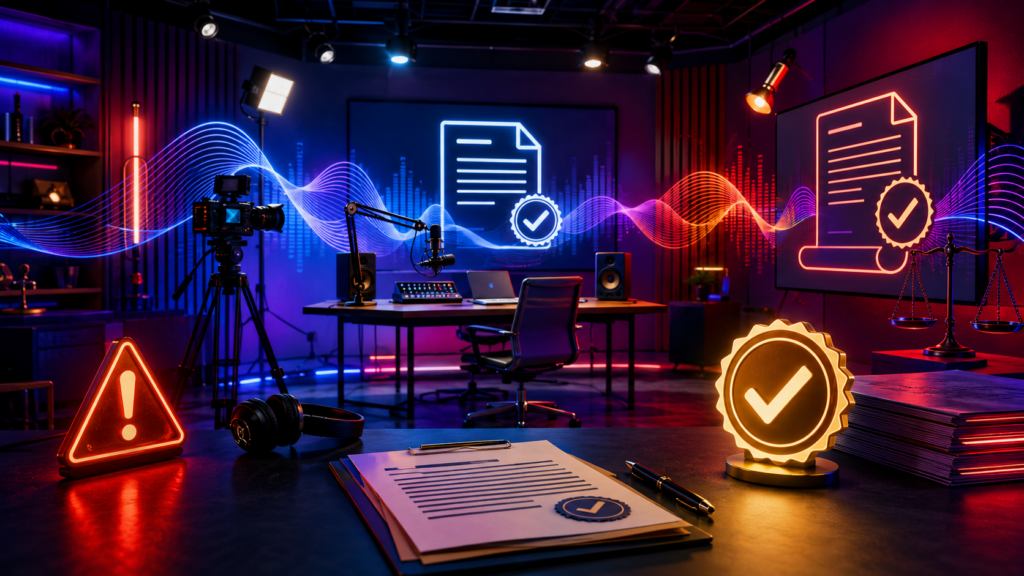 modernes Social-Media-Studio mit abstrakten Audio-Wellen, Vertragssymbolen und farbigen Warnlichtern, keine Logos, keine echten Personen,
