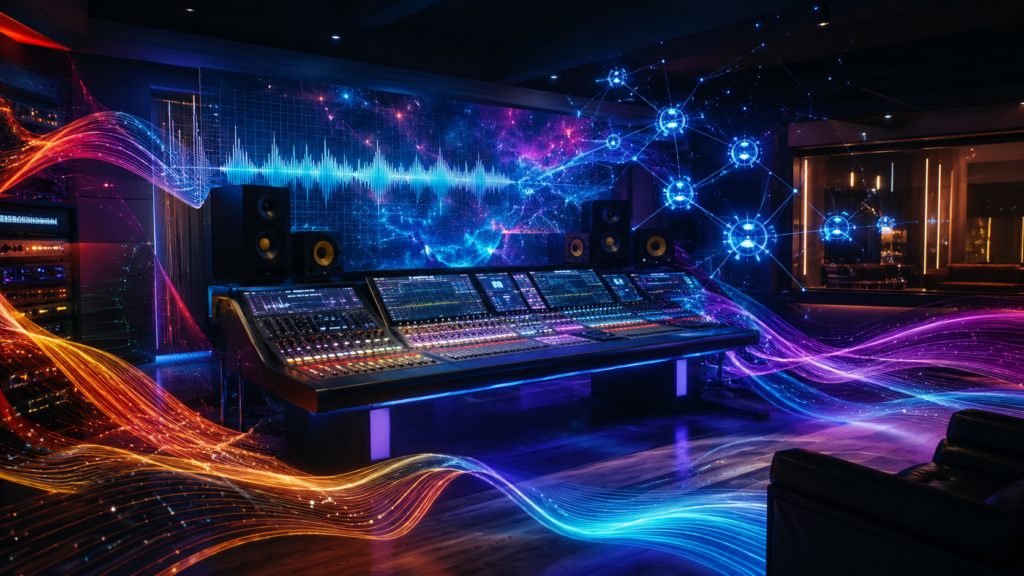 futuristisches Musikstudio mit abstrakten Song-Wellen, leuchtendem Mischpult, KI-Klangknoten und farbigen Genre-Spuren, modern, kontrastreich, keine Logos, keine echten Personen,