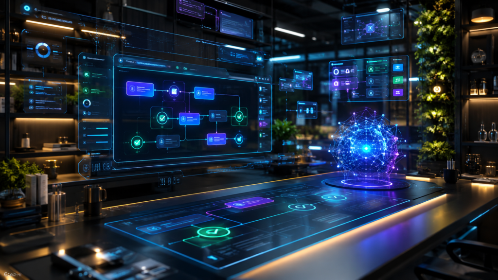 KI-Agenten-Werkstatt mit abstrakten Terminal-Fenstern, Workflow-Knoten, leuchtenden Prüfschleifen und digitalem Arbeitstisch, modern, farbig, kontrastreich, keine Logos, keine echten Personen