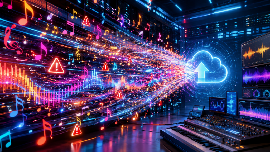 riesige farbige Musik-Upload-Flut aus abstrakten Noten, Streaming-Wellen, KI-Symbolen und kleinen Warnsignalen, modern, kontrastreich, keine Logos, keine echten Personen