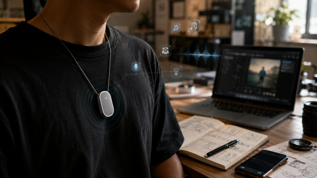 abstrakter KI-Wearable-Anhänger als leuchtendes Objekt über digitalem Arbeitstisch, Gesprächswellen, Datenschutz-Symbole, moderne Creator-Konsole, farbig, kontrastreich, keine Logos, keine echten Personen,