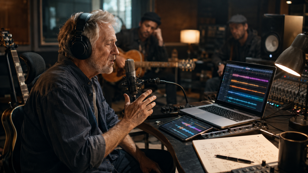 Zeigt einen Musiker bei Aufnahmen am PC