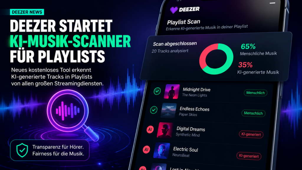 16:9 schnappnot_news_style, moderner farbiger Streaming-Scanner auf abstrakter Playlist-Oberfläche, KI-Wellenform, Kontrastlicht, keine echten Personen, keine Logos, kein Zufallstext