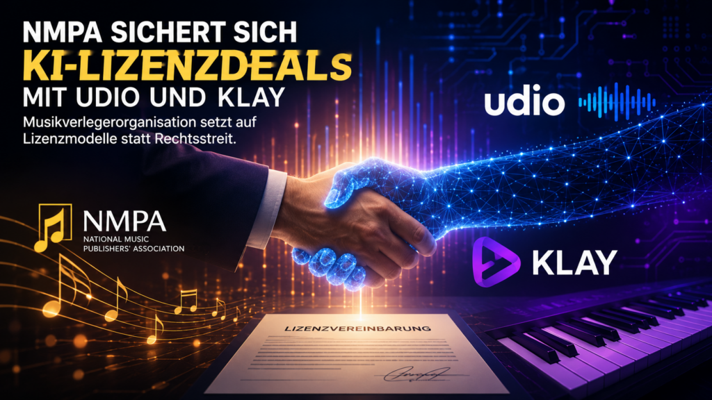 16:9 schnappnot_news_style, abstrakter Verhandlungstisch zwischen Musiknoten und KI-Chip, moderne Neonfarben, klare Kontraste, keine echten Personen, keine Logos, kein Zufallstext