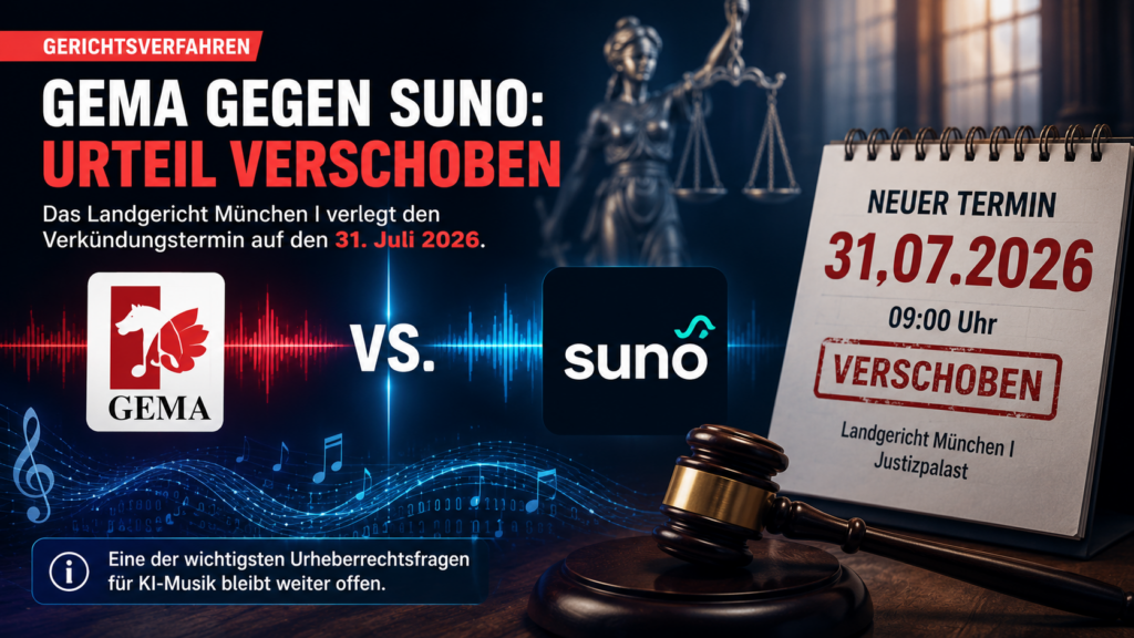 16:9 schnappnot_news_style, abstrakter Gerichtssaal mit leuchtender Audio-Wellenform und Kalenderdatum, modern, farbig, kontrastreich, keine echten Personen, keine Logos, kein Zufallstext