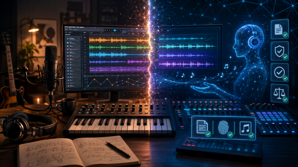abstrakte Musikstudio-Szene mit Mensch-KI-Kreativlinie als Lichtspur, moderne Farben, kontrastreich, keine echten Personen,