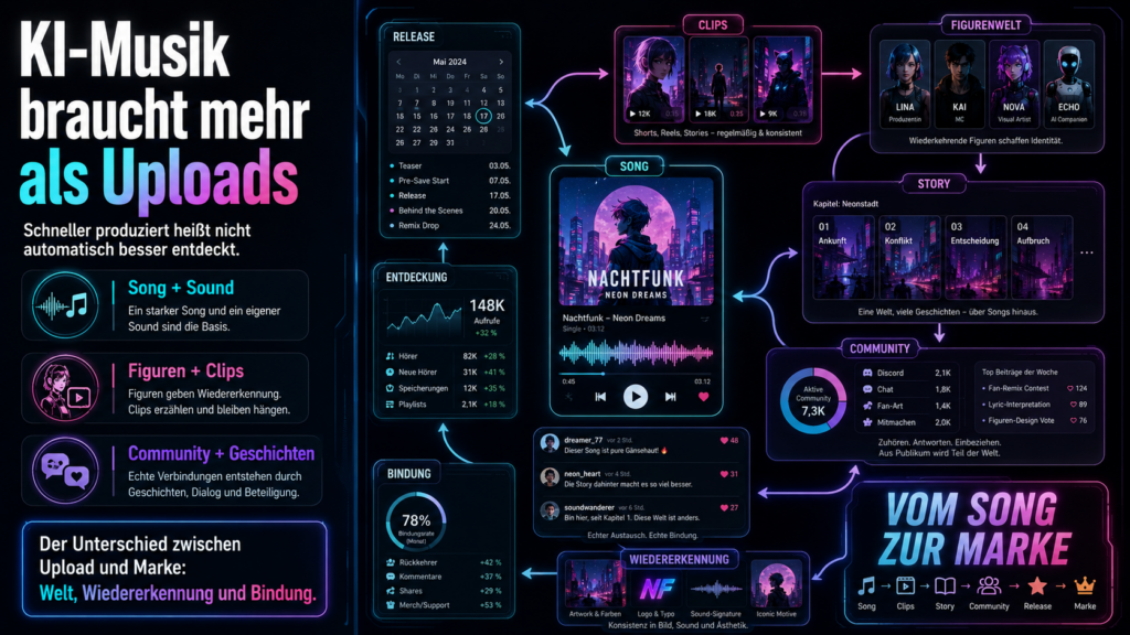 Direkt relevant für KI-Musik, Streaming, Markenaufbau und die Frage, wie aus vielen Releases tatsächliche Aufmerksamkeit entsteht.